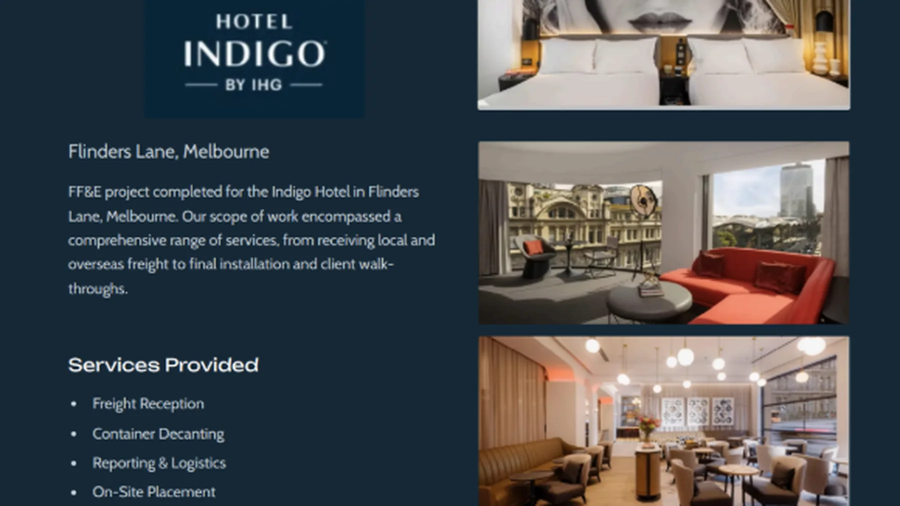Hotel Indigo Flinders Lane Melbourne project sheet with room and public-area imagery