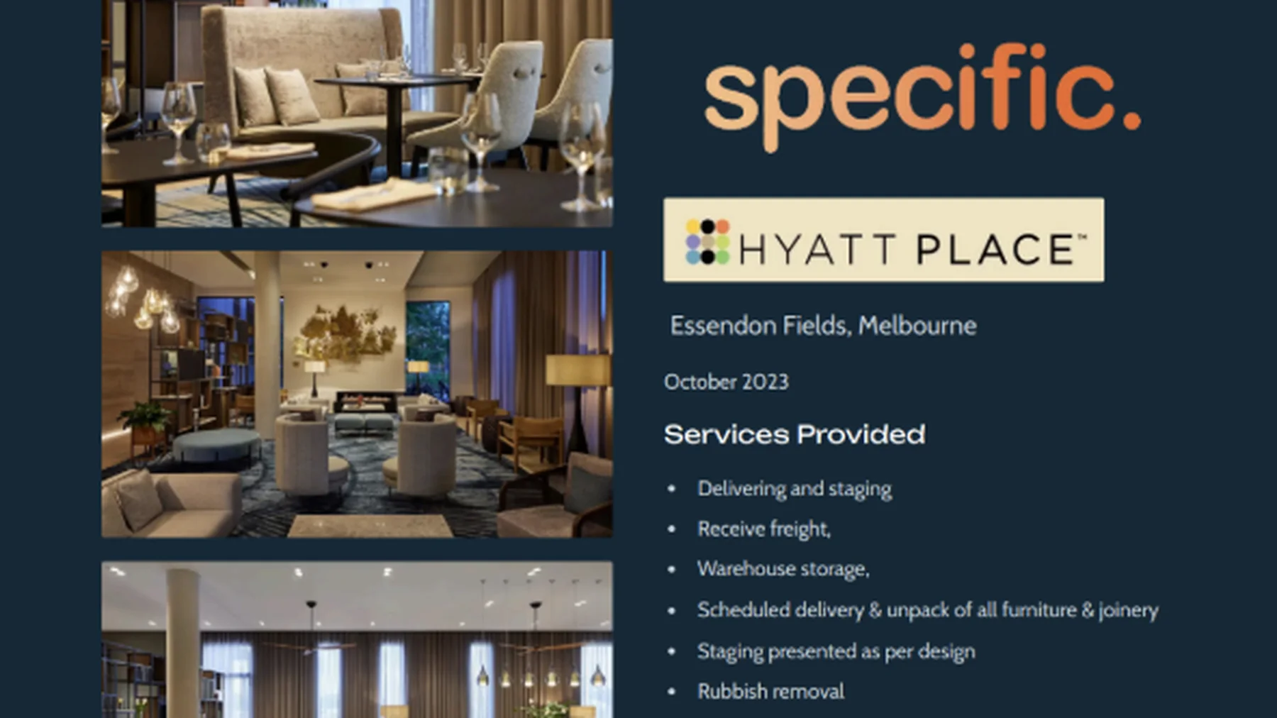 Hyatt Place Essendon Fields project sheet with hotel interior imagery