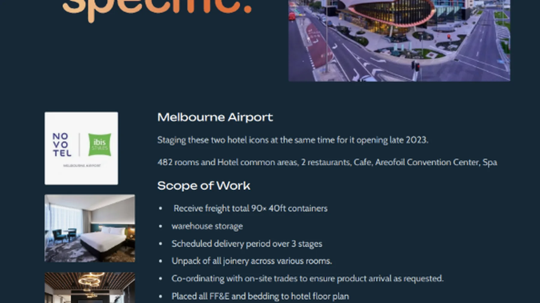 Specific Melbourne Airport project sheet showing Novotel and ibis airport hotel scope