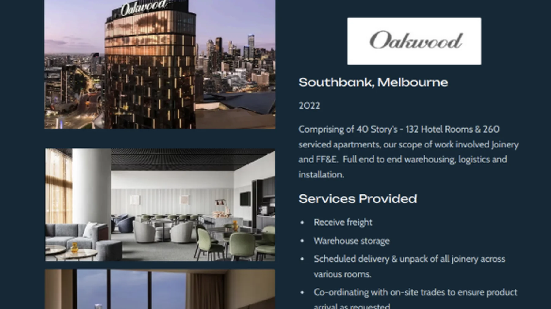 Oakwood Southbank Melbourne project sheet with building, room and lounge imagery
